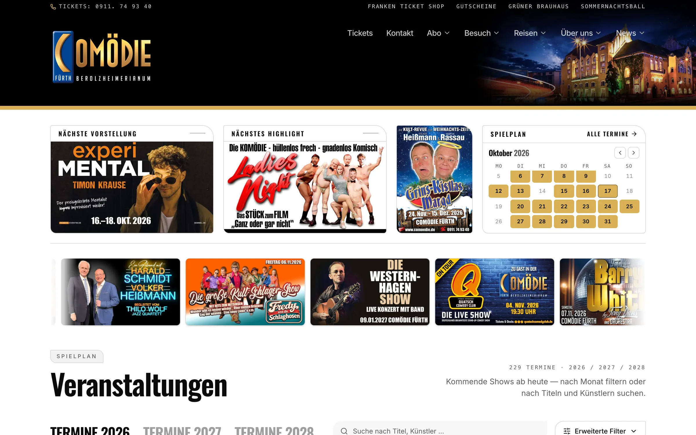 Startseite der neuen Website der Comödie Fürth