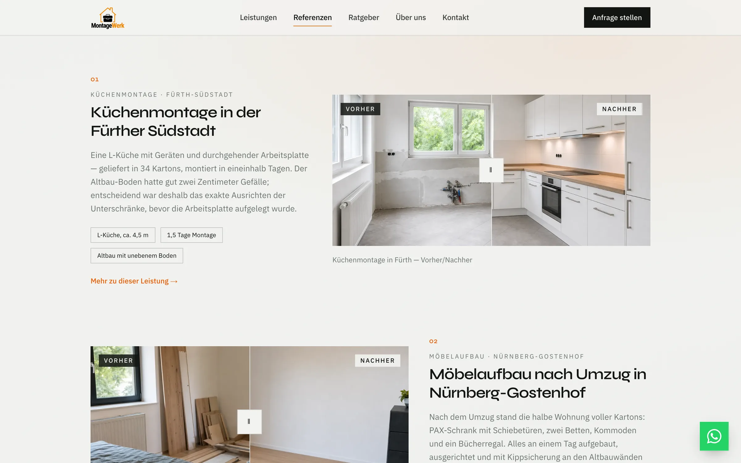 Vorher-Nachher-Bilder auf der Montagewerk-Website